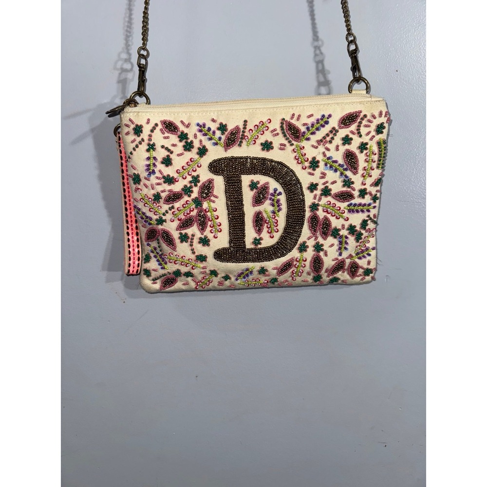 Anthropologie America & Beyond beaded monogram‎ crossbody and wallet metal strap